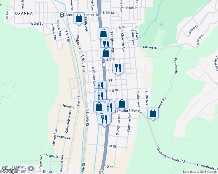 map of restaurants, bars, coffee shops, grocery stores, and more near 501 South Quintard Avenue in Anniston
