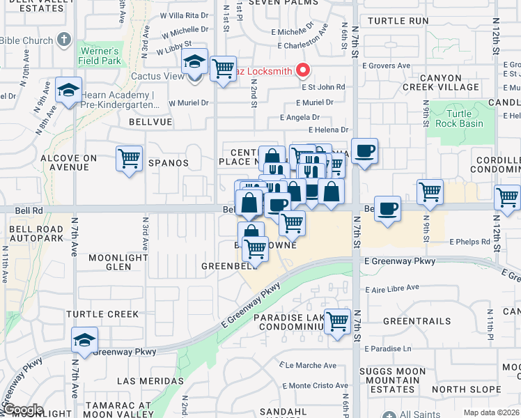 map of restaurants, bars, coffee shops, grocery stores, and more near 205 East Bell Road in Phoenix