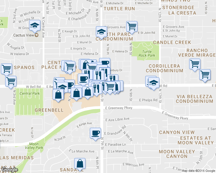 map of restaurants, bars, coffee shops, grocery stores, and more near 751 East Bell Road in Phoenix