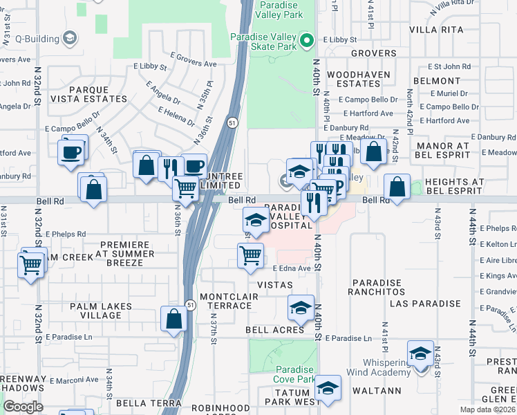 map of restaurants, bars, coffee shops, grocery stores, and more near 3805 East Bell Road in Phoenix