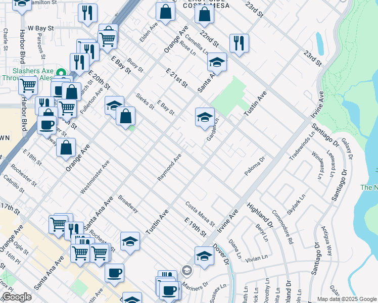 map of restaurants, bars, coffee shops, grocery stores, and more near 356 East 20th Street in Costa Mesa