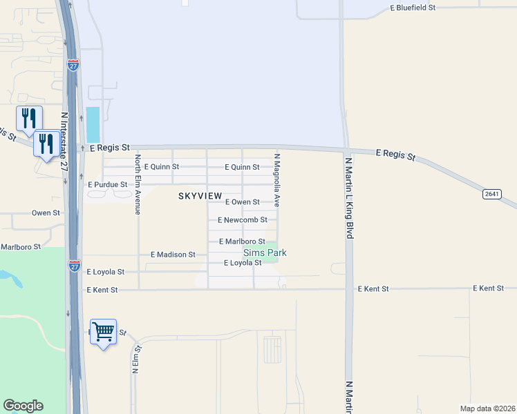 map of restaurants, bars, coffee shops, grocery stores, and more near 1107 East Owen Street in Lubbock