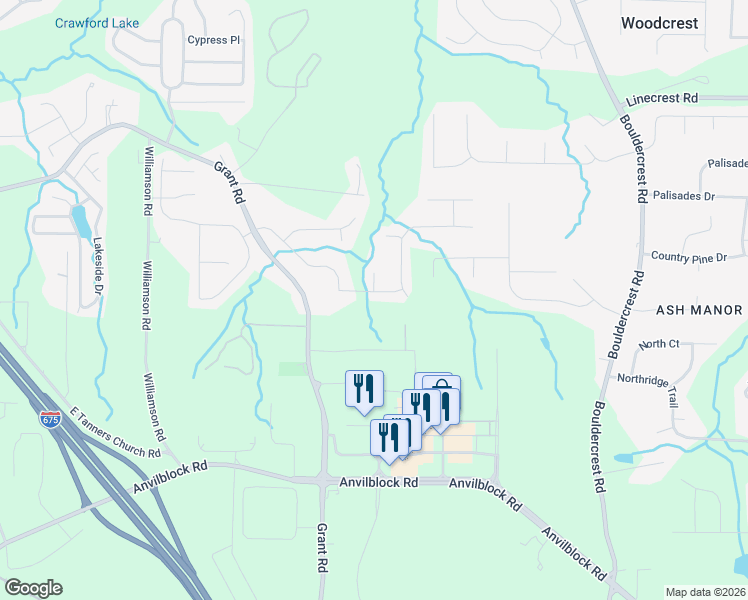 map of restaurants, bars, coffee shops, grocery stores, and more near 2973 Village Park Drive East in Ellenwood