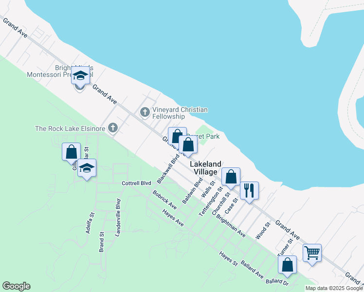 map of restaurants, bars, coffee shops, grocery stores, and more near 17596 Grand Avenue in Lake Elsinore