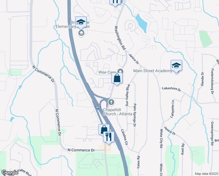 map of restaurants, bars, coffee shops, grocery stores, and more near 4221 Washington Road in East Point