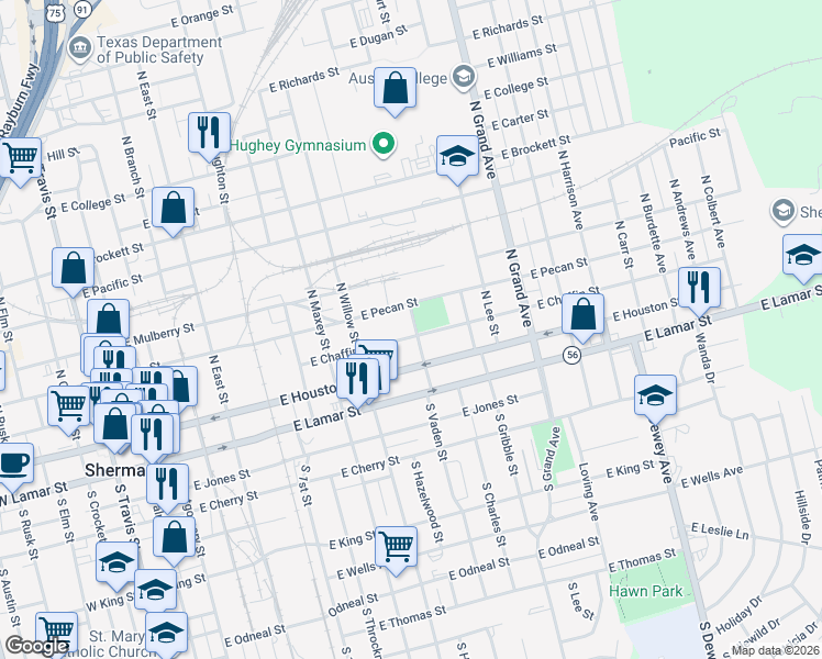 map of restaurants, bars, coffee shops, grocery stores, and more near 1100 East Pecan Street in Sherman