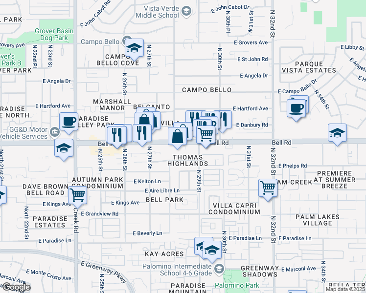 map of restaurants, bars, coffee shops, grocery stores, and more near 2815 East Bell Road in Phoenix