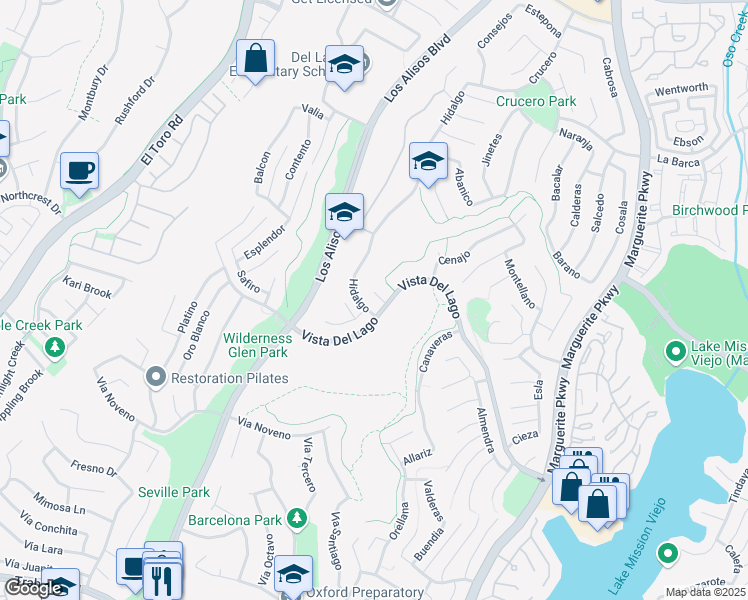 map of restaurants, bars, coffee shops, grocery stores, and more near 22201 Abrazo in Mission Viejo