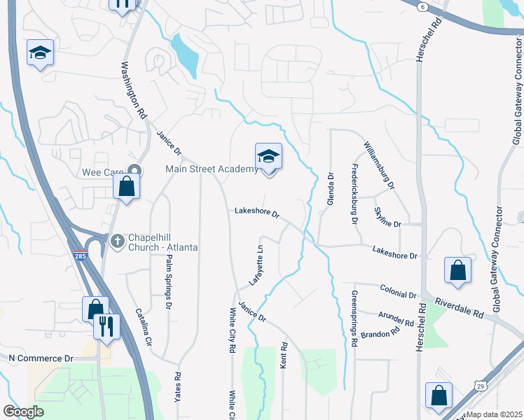 map of restaurants, bars, coffee shops, grocery stores, and more near 2861 Lakeshore Drive in College Park