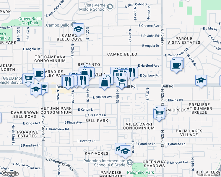 map of restaurants, bars, coffee shops, grocery stores, and more near 2815 East Bell Road in Phoenix
