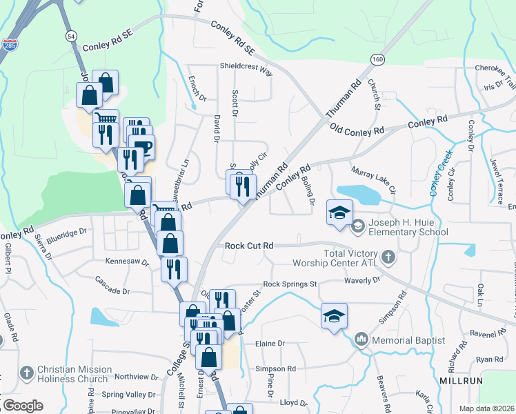 map of restaurants, bars, coffee shops, grocery stores, and more near 1085 Conley Road in Forest Park