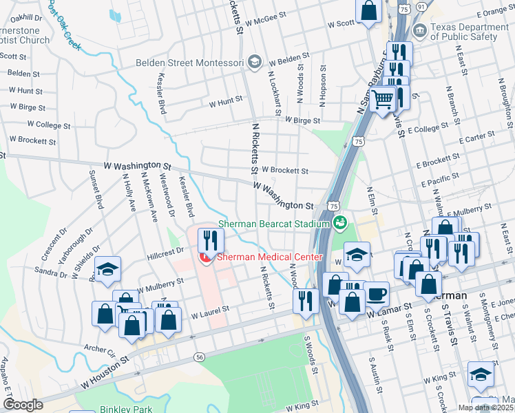 map of restaurants, bars, coffee shops, grocery stores, and more near 602 North Ricketts Street in Sherman