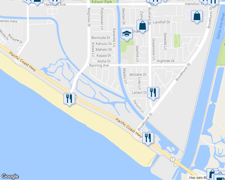 map of restaurants, bars, coffee shops, grocery stores, and more near 9202 Christine Drive in Huntington Beach
