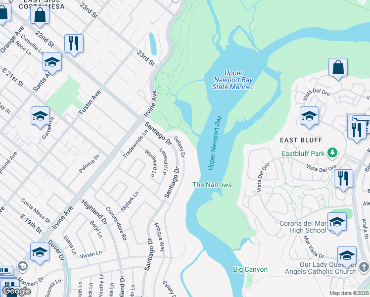 map of restaurants, bars, coffee shops, grocery stores, and more near 2000 Galaxy Drive in Newport Beach