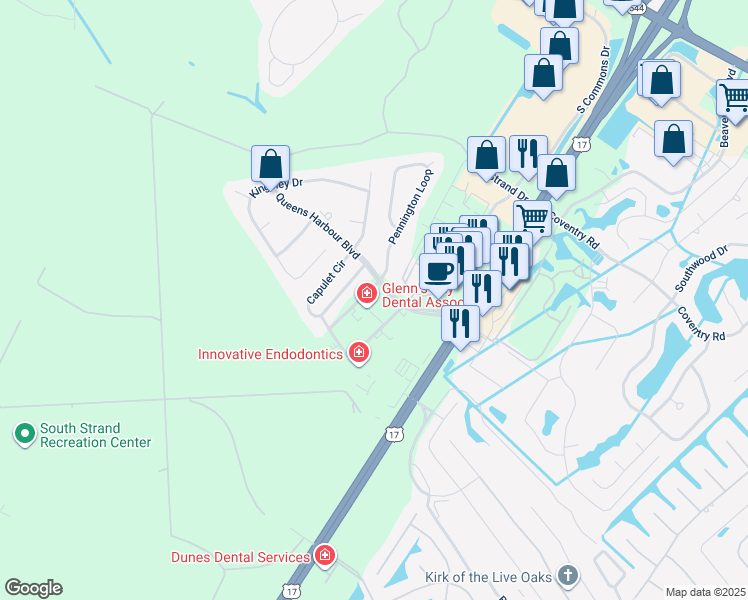 map of restaurants, bars, coffee shops, grocery stores, and more near 8601 Montague Lane in Myrtle Beach