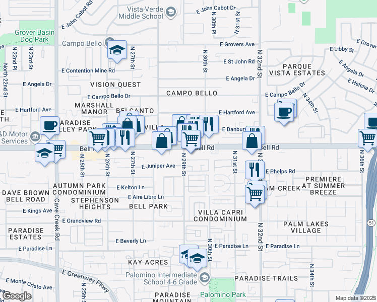 map of restaurants, bars, coffee shops, grocery stores, and more near 2849 East Bell Road in Phoenix