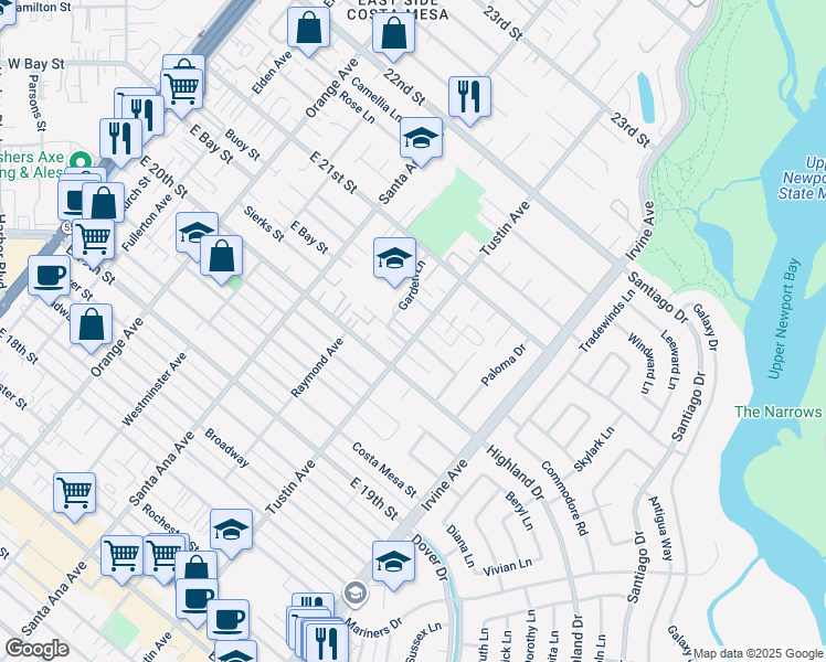 map of restaurants, bars, coffee shops, grocery stores, and more near 2041 Tustin Avenue in Costa Mesa