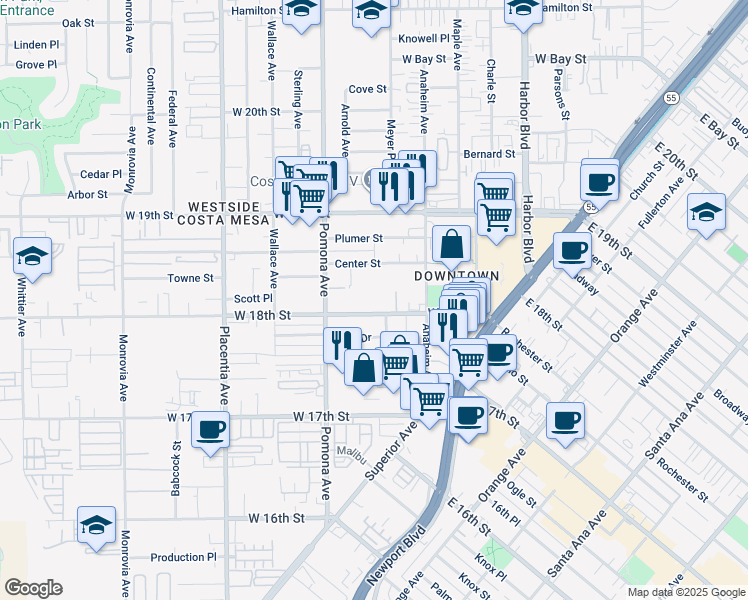 map of restaurants, bars, coffee shops, grocery stores, and more near 650 West 18th Street in Costa Mesa