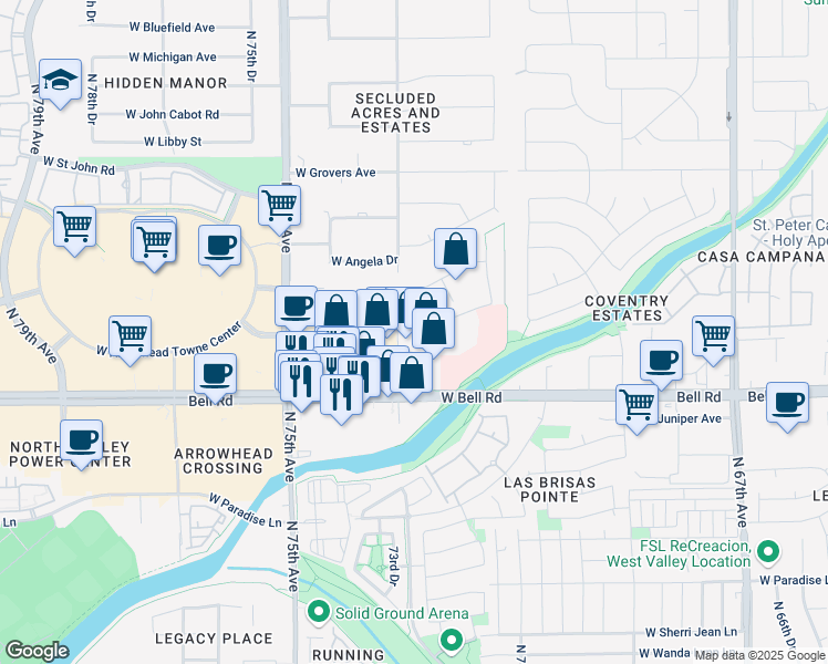map of restaurants, bars, coffee shops, grocery stores, and more near 1388 West Camino San Xavier in Glendale