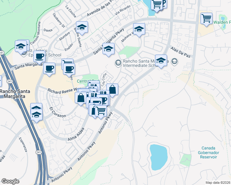 map of restaurants, bars, coffee shops, grocery stores, and more near 2 Vía Barcelona in Rancho Santa Margarita