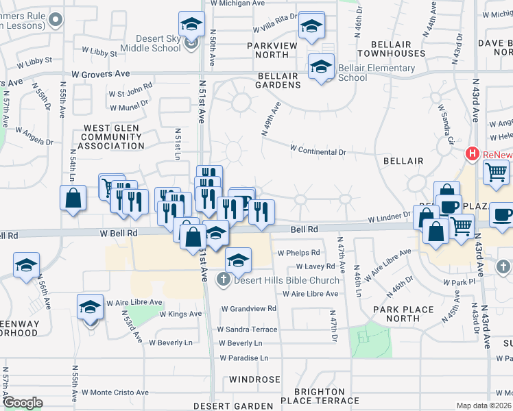 map of restaurants, bars, coffee shops, grocery stores, and more near 4901 West Joyce Circle in Glendale
