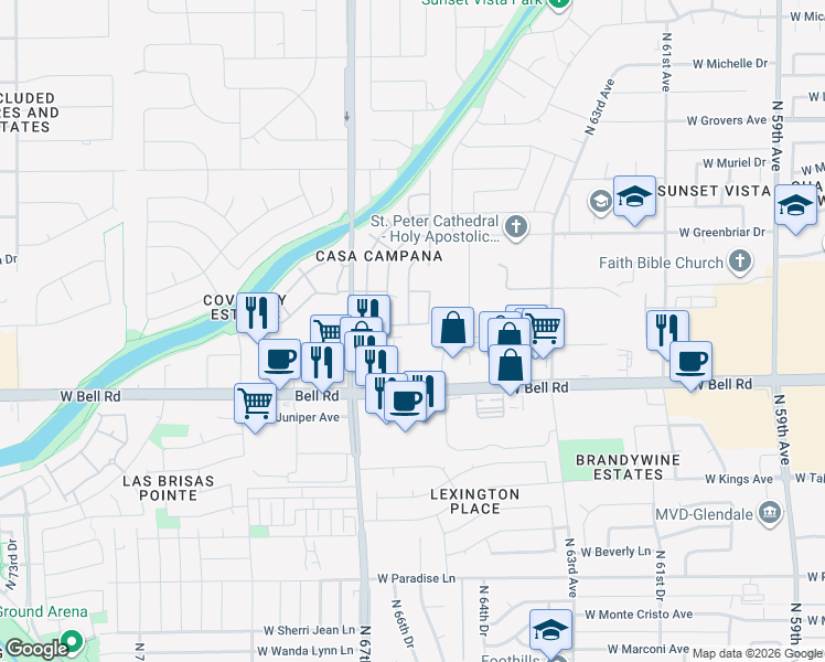 map of restaurants, bars, coffee shops, grocery stores, and more near 17011 North 66th Avenue in Glendale