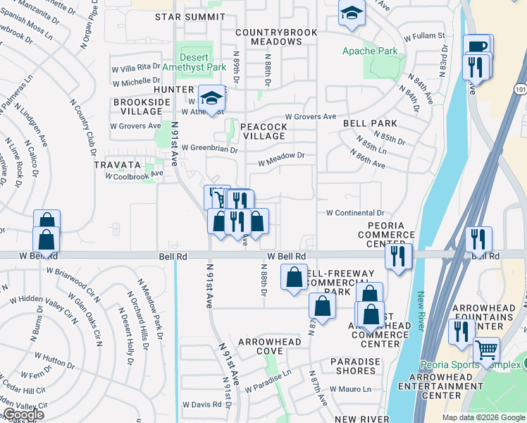 map of restaurants, bars, coffee shops, grocery stores, and more near 8820 West Bell Road in Peoria