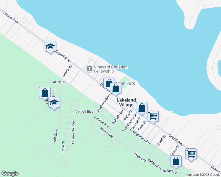 map of restaurants, bars, coffee shops, grocery stores, and more near 17566 Grand Avenue in Lake Elsinore