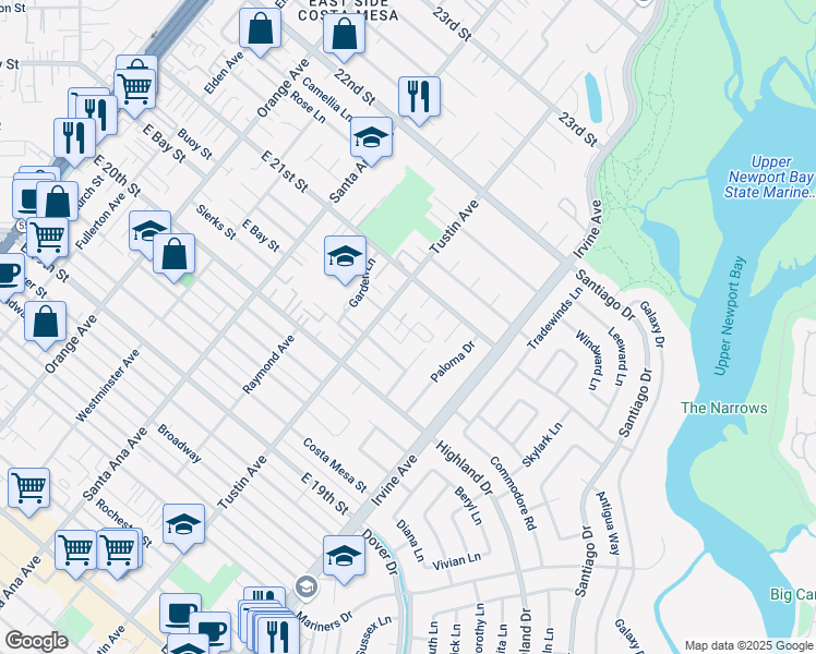 map of restaurants, bars, coffee shops, grocery stores, and more near 2071 Churchill Court in Newport Beach