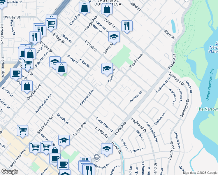 map of restaurants, bars, coffee shops, grocery stores, and more near 2045 Tustin Avenue in Costa Mesa