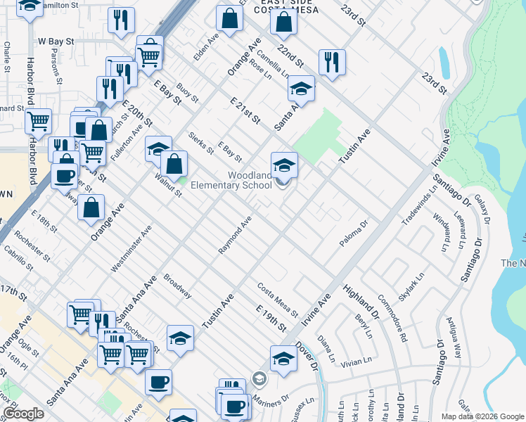 map of restaurants, bars, coffee shops, grocery stores, and more near 359 Woodland Place in Costa Mesa