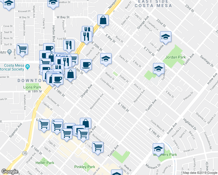 map of restaurants, bars, coffee shops, grocery stores, and more near 250 Costa Mesa Street in Costa Mesa
