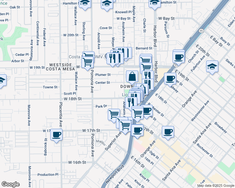 map of restaurants, bars, coffee shops, grocery stores, and more near 1818 Viola Place in Costa Mesa