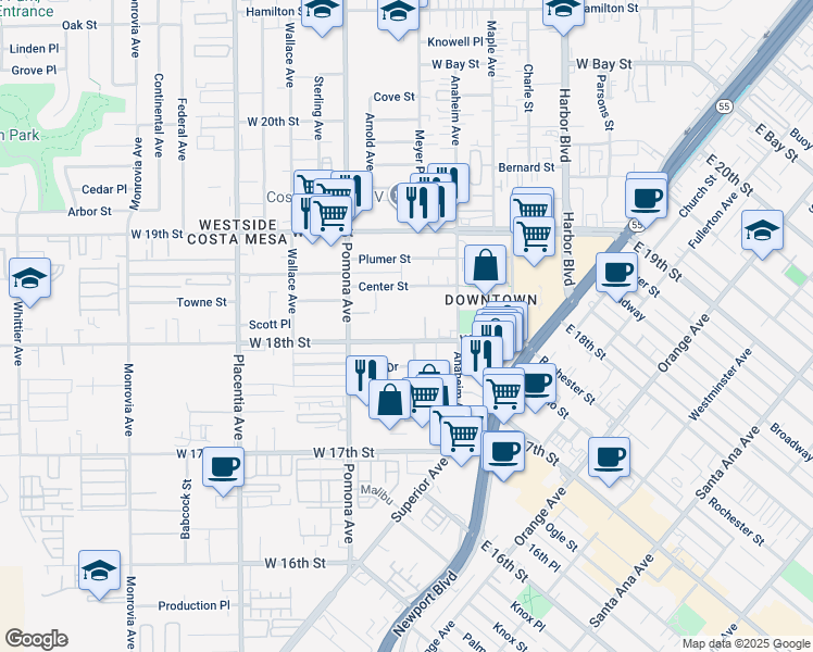 map of restaurants, bars, coffee shops, grocery stores, and more near 650 West 18th Street in Costa Mesa