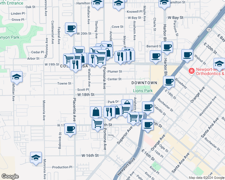 map of restaurants, bars, coffee shops, grocery stores, and more near 1818 Pomona Avenue in Costa Mesa