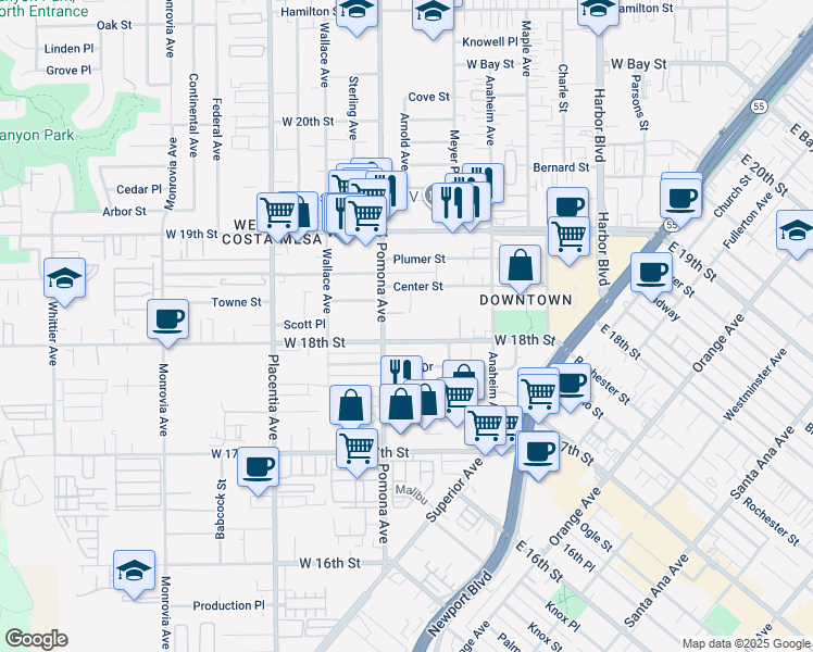 map of restaurants, bars, coffee shops, grocery stores, and more near 1818 Pomona Avenue in Costa Mesa
