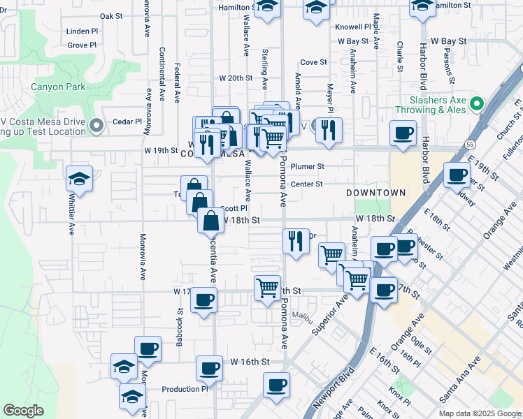 map of restaurants, bars, coffee shops, grocery stores, and more near 711 Weelo Drive in Costa Mesa