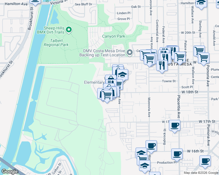 map of restaurants, bars, coffee shops, grocery stores, and more near 1032 West 18th Street in Costa Mesa