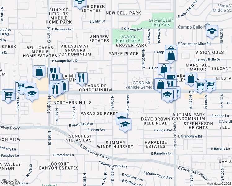 map of restaurants, bars, coffee shops, grocery stores, and more near 16901 North 20th Street in Phoenix