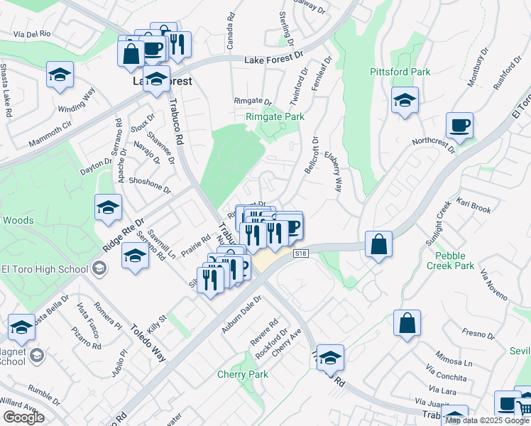 map of restaurants, bars, coffee shops, grocery stores, and more near in Lake Forest