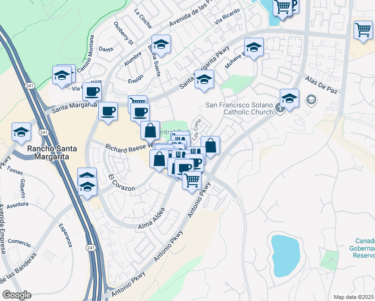map of restaurants, bars, coffee shops, grocery stores, and more near 18 Paseo Dalia in Rancho Santa Margarita