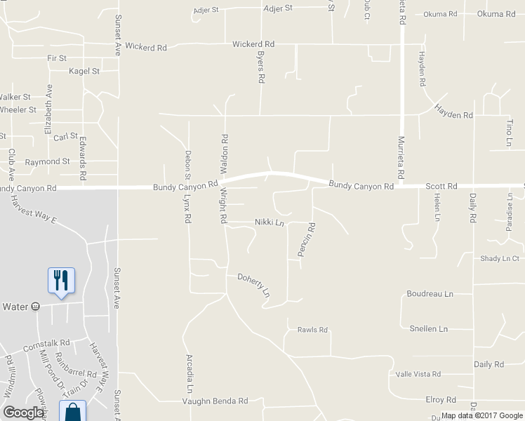 map of restaurants, bars, coffee shops, grocery stores, and more near 25520 Nikki Lane in Menifee
