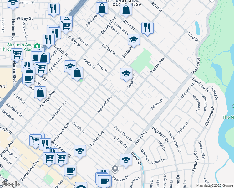 map of restaurants, bars, coffee shops, grocery stores, and more near 356 East 20th Street in Costa Mesa