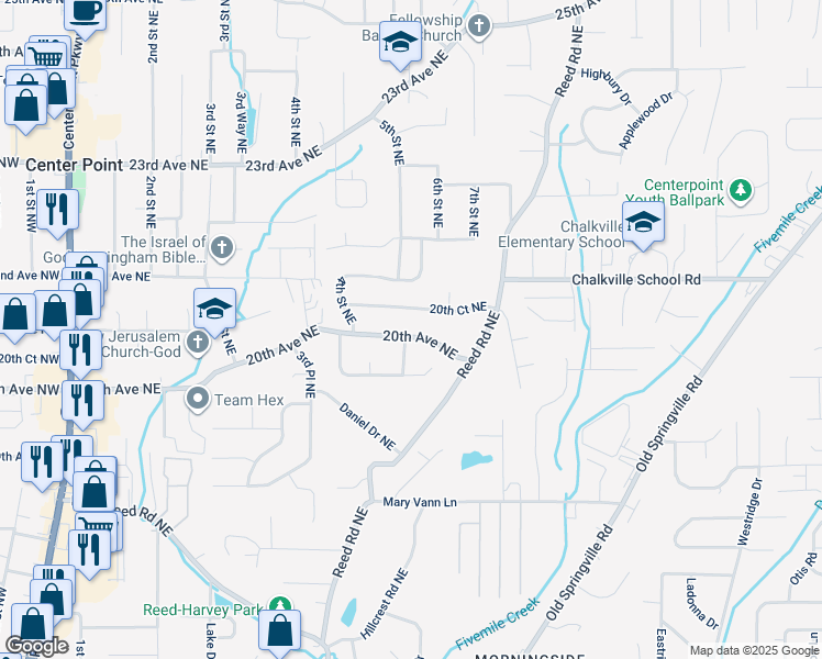 map of restaurants, bars, coffee shops, grocery stores, and more near 500 20th Avenue Northeast in Center Point