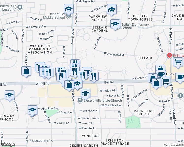 map of restaurants, bars, coffee shops, grocery stores, and more near 4901 West Joyce Circle in Glendale
