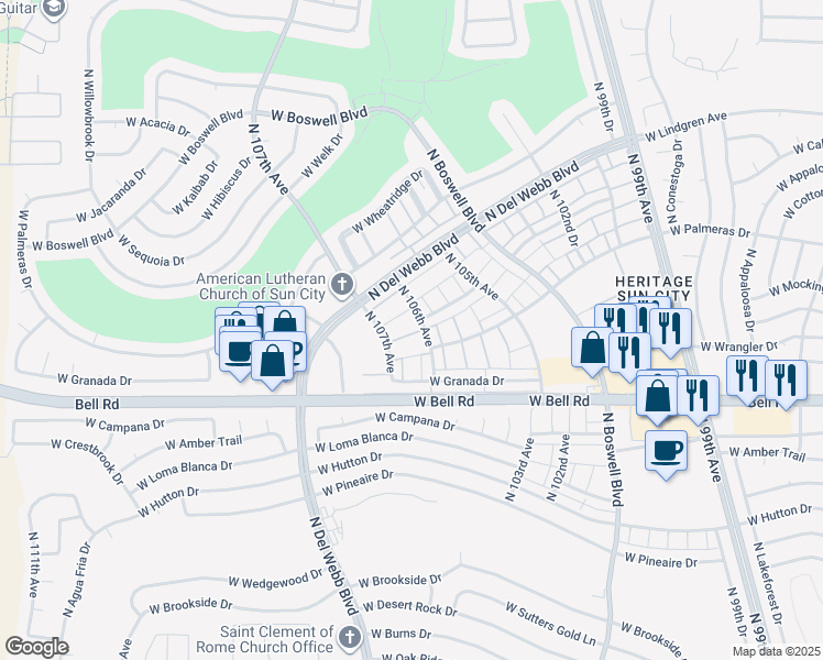 map of restaurants, bars, coffee shops, grocery stores, and more near 17218 North 106th Avenue in Sun City