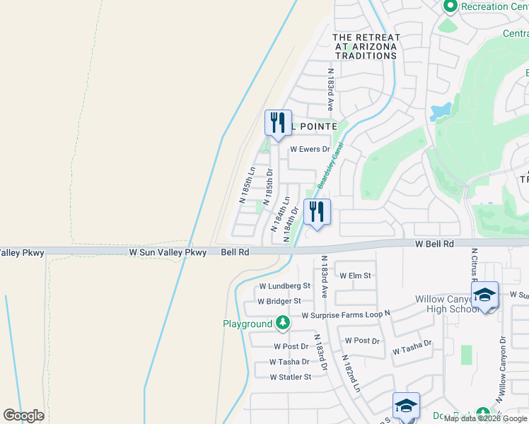 map of restaurants, bars, coffee shops, grocery stores, and more near 17163 North 185th Drive in Surprise