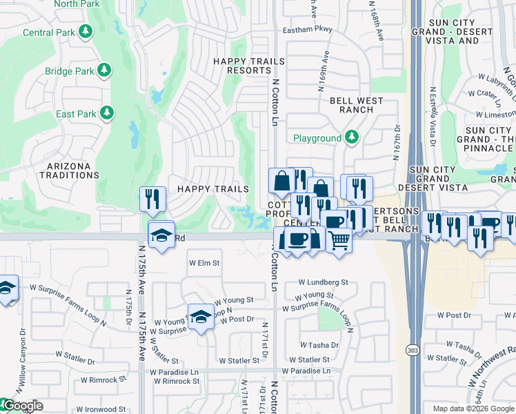 map of restaurants, bars, coffee shops, grocery stores, and more near 1151 North Buckthorn in Surprise