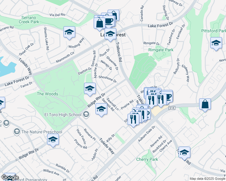 map of restaurants, bars, coffee shops, grocery stores, and more near 22231 Lantern Lane in Lake Forest
