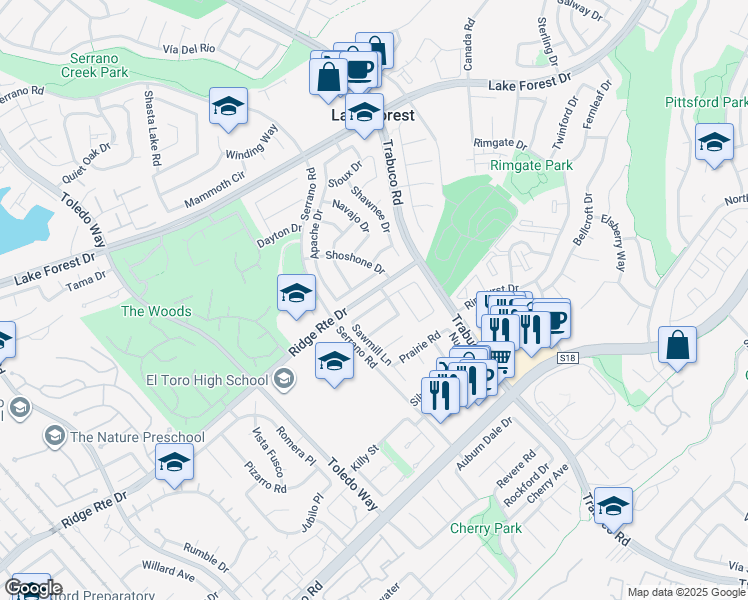 map of restaurants, bars, coffee shops, grocery stores, and more near 22231 Lantern Lane in Lake Forest
